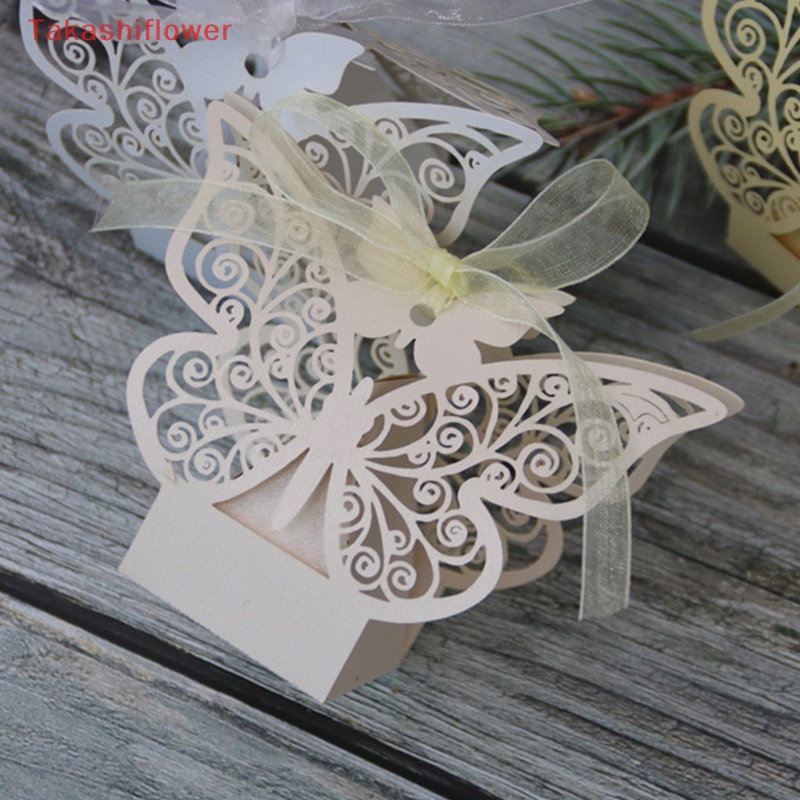 Set 10 Hộp Đựng Kẹo Cưới Thiết Kế Rỗng Họa Tiết Bươm Bướm Kèm Dây Ruy Băng Xinh Xắn