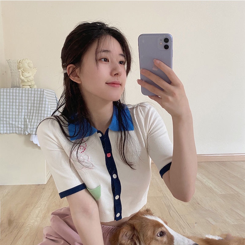 Áo Thun Polo Dệt Kim Thời Trang Mùa Hè Hàn Quốc Cho Nữ