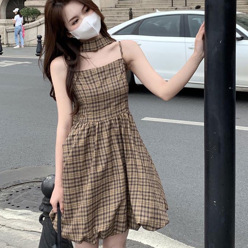 Đầm Hai Dây Ôm Eo Họa Tiết Sọc Caro Phong Cách Pháp Thời Trang Cao Cấp Cho Nữ