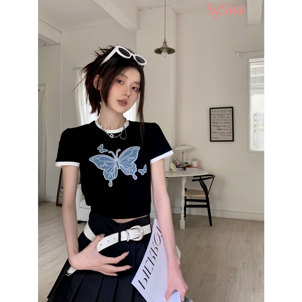 Áo Thun Form Ôm Họa Tiết Bướm Phong Cách Hàn Quốc