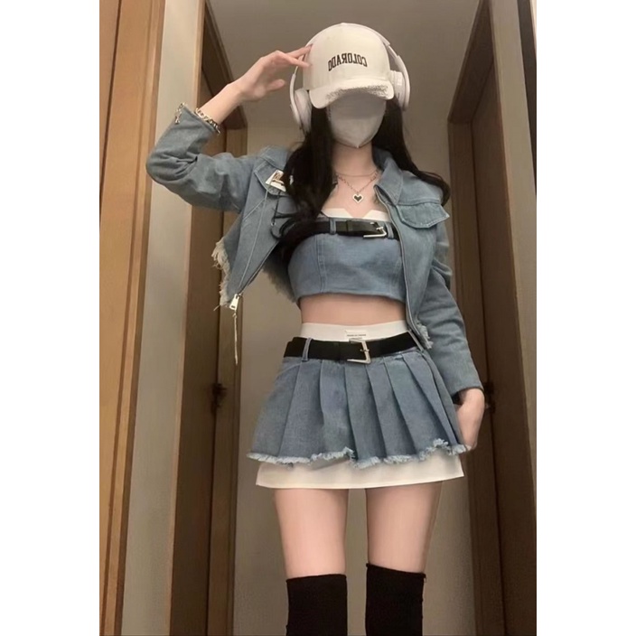 YAMI🍓 |Bộ Áo Khoác Denim + Chân Váy Chữ A Lưng Cao Xếp Ly Thời Trang Retro Mỹ Cho Nữ