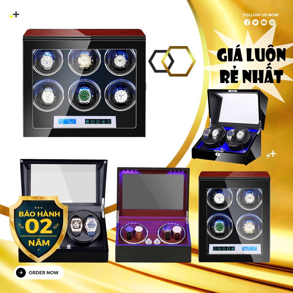 Hộp đựng đồng hồ cơ xoay kèm cố định tích hợp đèn LED 3/4/6 ngăn cao cấp