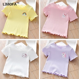 LJMOFA o Thun Tay Ngắn Cổ Tròn Phối Ren Hoa Thời Trang Mùa Hè Cho Bé Gái 1-9 Tuổi