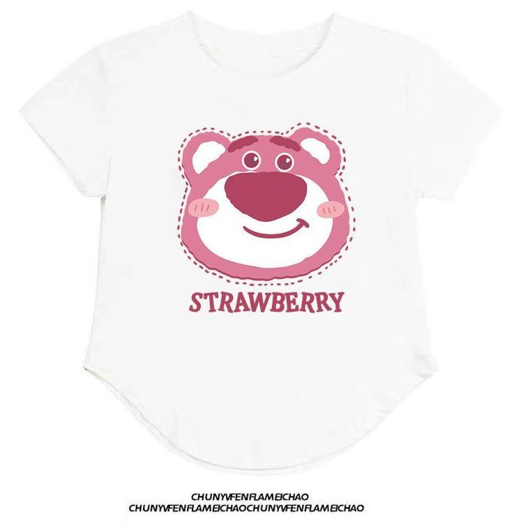 Áo Thun 100% Cotton Tay Ngắn Dáng Ôm In Hình Gấu Và Dâu Tây Dễ Thương Thời Trang Mùa Hè Cho Nữ