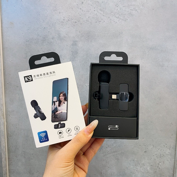 Bộ Micro Thu Âm Không Dây K9  Khử Tiếng Ồn Để Livestream Ghi Âm Quay Video Cổng iPhone và Type C
