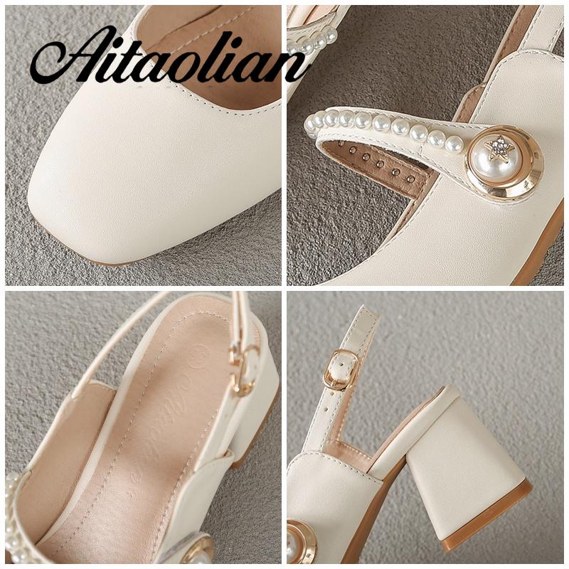 Xăng đan Cao Gót 5cm Da Mềm Mũi Vuông Màu Trơn Đính Ngọc Trai Thời Trang Cho Nữ