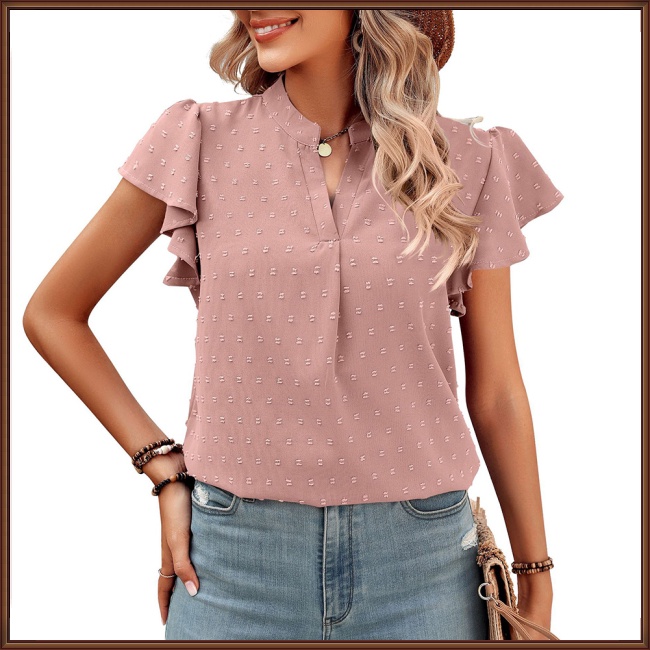 Áo Sơ Mi Chiffon Tay Ngắn Cổ Chữ V Phối Bèo Và Bóng Lông Màu Trơn Thời Trang Cho Nữ