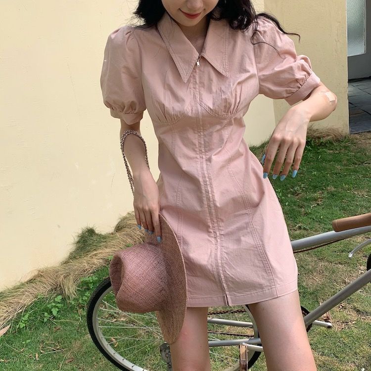 Váy Midi Chữ A Tay Phồng Ôm Eo Có Khóa Kéo Kiểu Pháp Hàng Mới Dành Cho Bạn Nữ