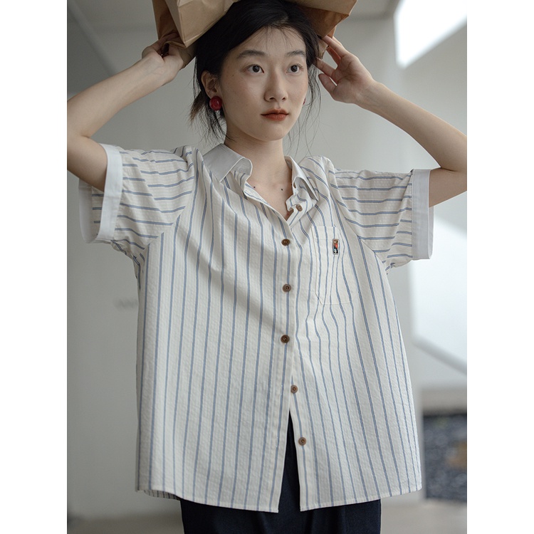 SUXI Áo Sơ Mi Tay Ngắn Dáng Rộng Họa Tiết Kẻ Sọc Thời Trang Mùa Hè Cho Nữ