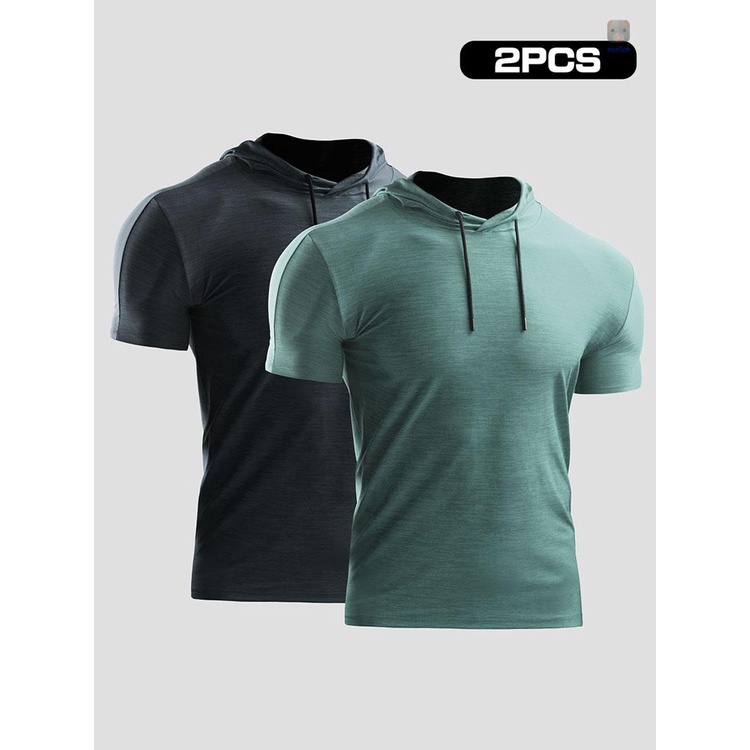 Bộ 2 Áo Thun Thể Thao Tay Ngắn Có Mũ Trùm Và Dây Rút Thoáng Khí Mau Khô Màu Sắc Thời Trang Mù