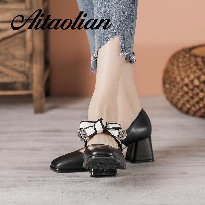 Giày Cao Gót 5Cm Da Mềm Mũi Vuông Phong Cách retro Anh Quốc