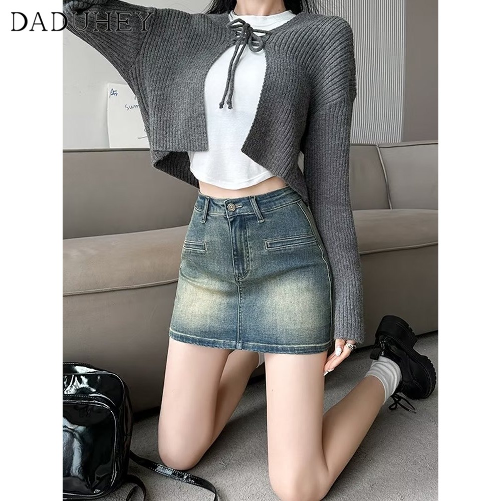 Chân váy chữ A DADUHEY vải denim lưng cao phối màu vàng đất phong cách đường phố Hàn Quốc cổ điển