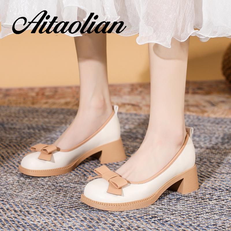 Giày Cao Gót 4.5cm Da Mềm Mũi Tròn Phong Cách retro Anh Quốc