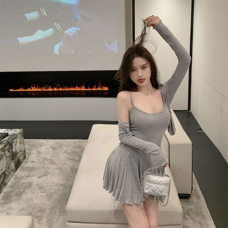 COZOK Set Đầm Không Tay Ôm Dáng + Áo Khoác Cardigan Dài Tay Xinh Xắn Thời Trang