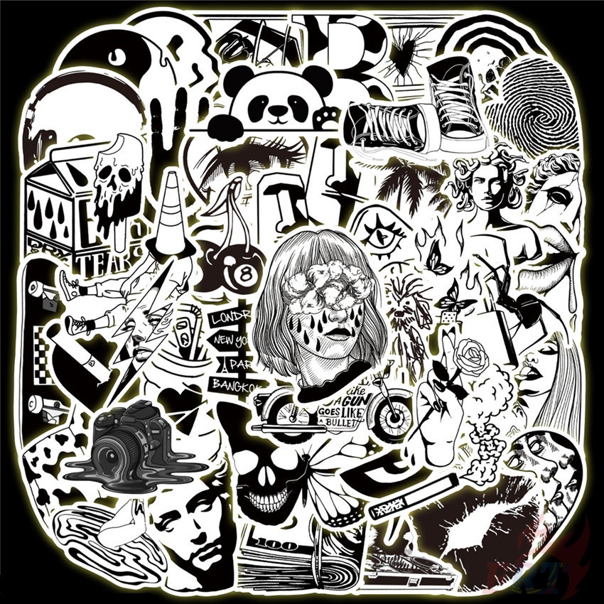 ❉ Set 03 Sticker Dán Trang Trí Hình Nghệ Thuật Màu Trắng Đen Phong Cách Cổ Điển ❉ Bộ 50 Sticker Chống Thấm Nước Họa Tiết Doodle Hợp Thời Trang