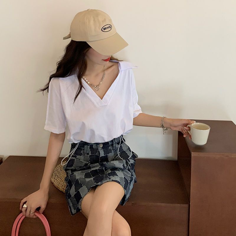 IELGY    Áo Thun crop top Tay Ngắn Cổ polo Eo Cao Thời Trang Dành Cho Nữ