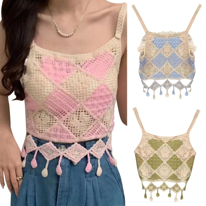 Áo Croptop Hai Dây Dệt Kim Cổ Vuông Thêu Họa Tiết Dễ Thương Thời Trang Dự Tiệc Cho Bạn Gái