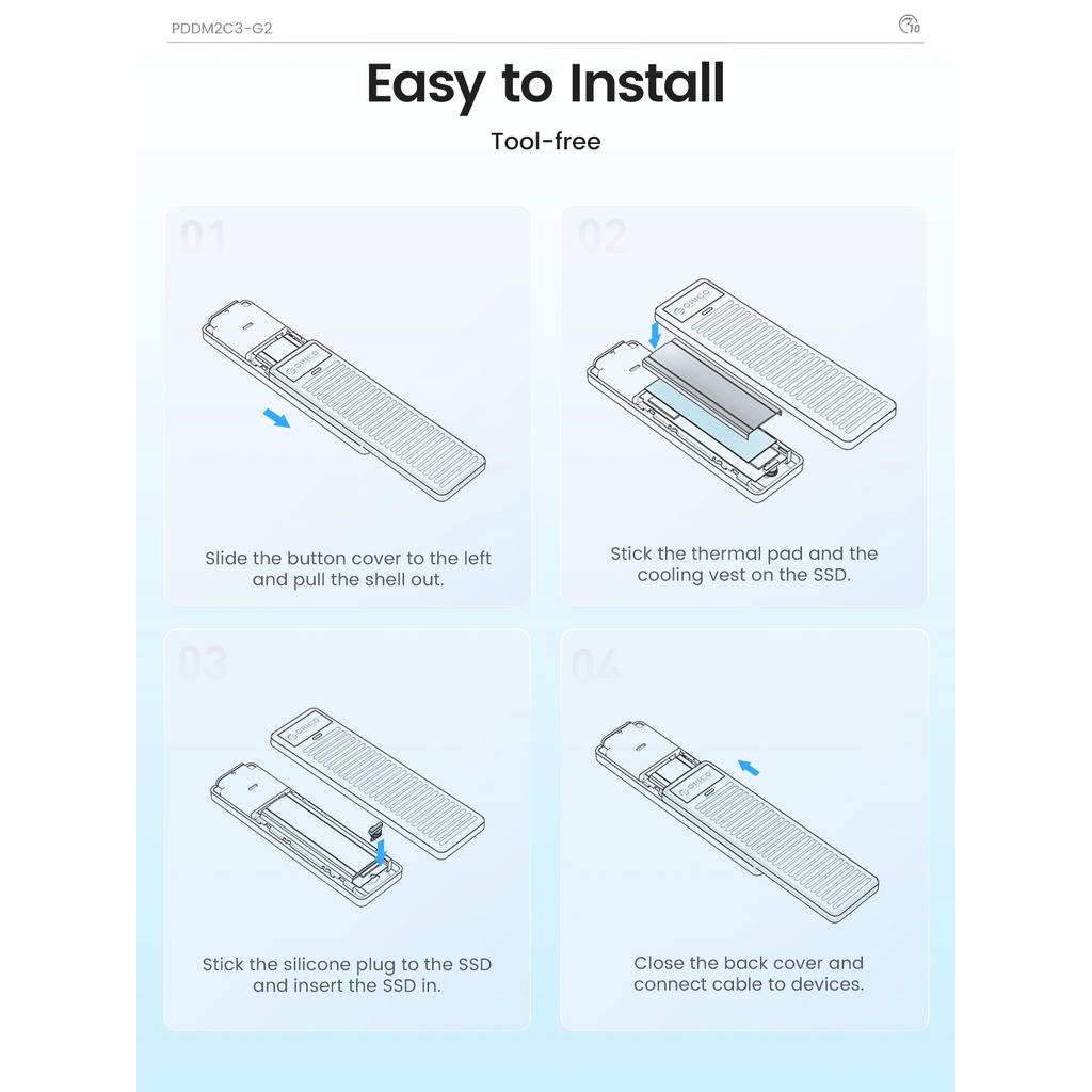 Hộp Đựng Ổ Cứng ORICO M.2 NVMe SSD 10Gbps USB 3.2 Gen2 M2 SSD Thiết Kế Đơn Giản Cho NVMe SATA UASP (PDDM2C3)
