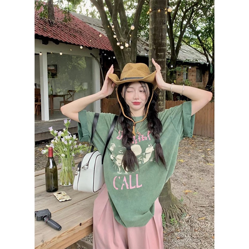 Áo Thun Ngắn Tay Dáng Rộng In Họa Tiết Phong Cách Retro