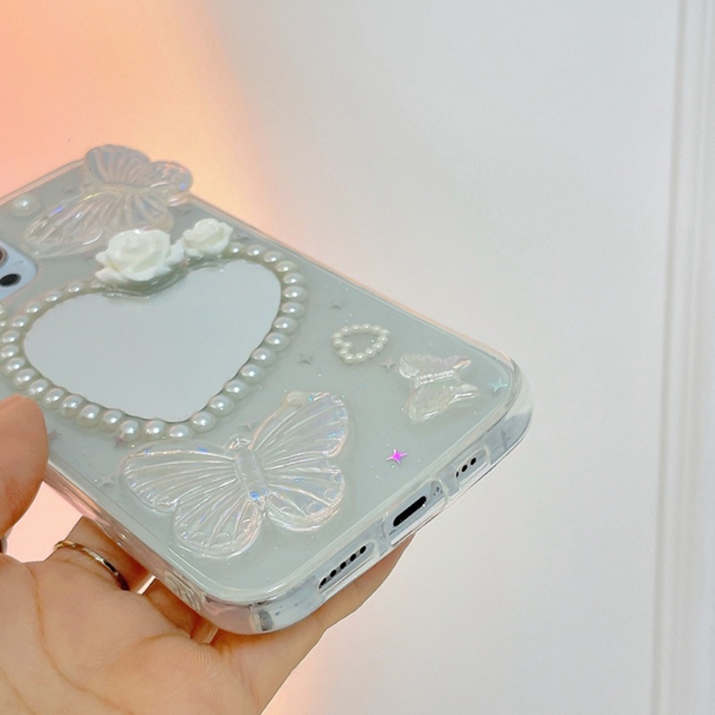 Ốp Điện Thoại TPU Dẻo Gắn Gương Trang Điểm Hình Trái Tim Bướm 3D Cho IPhone 14 Pro Max 13 12 11 Pro Max X XS