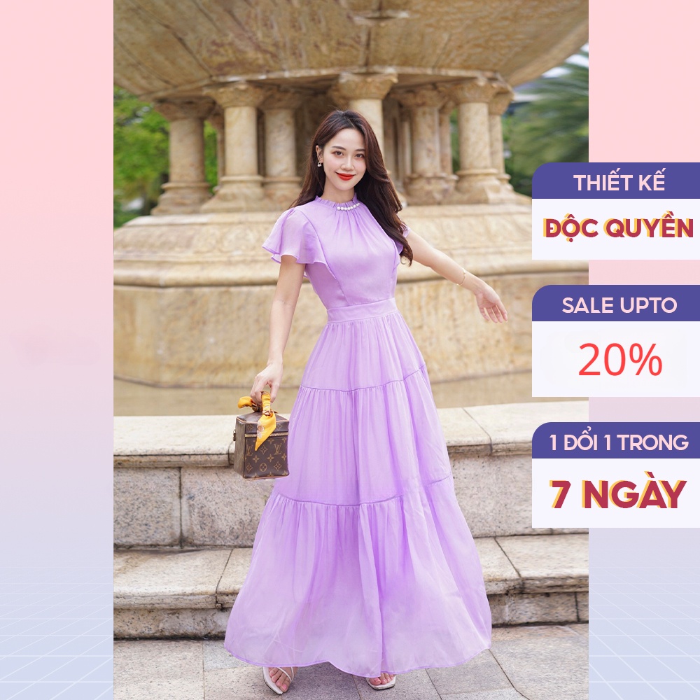 Váy đi biển maxi dáng dài thiết kế xếp ly đính ngọc phối tay cánh tiên chính hãng Giian - GV2527
