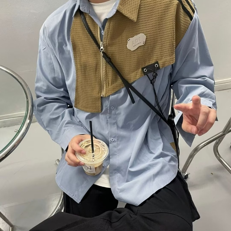 Áo Sơ Mi Thiết Kế Chắp Vá Waffle Phong Cách Mới Mùa Thu Cho Nam Và Nữ