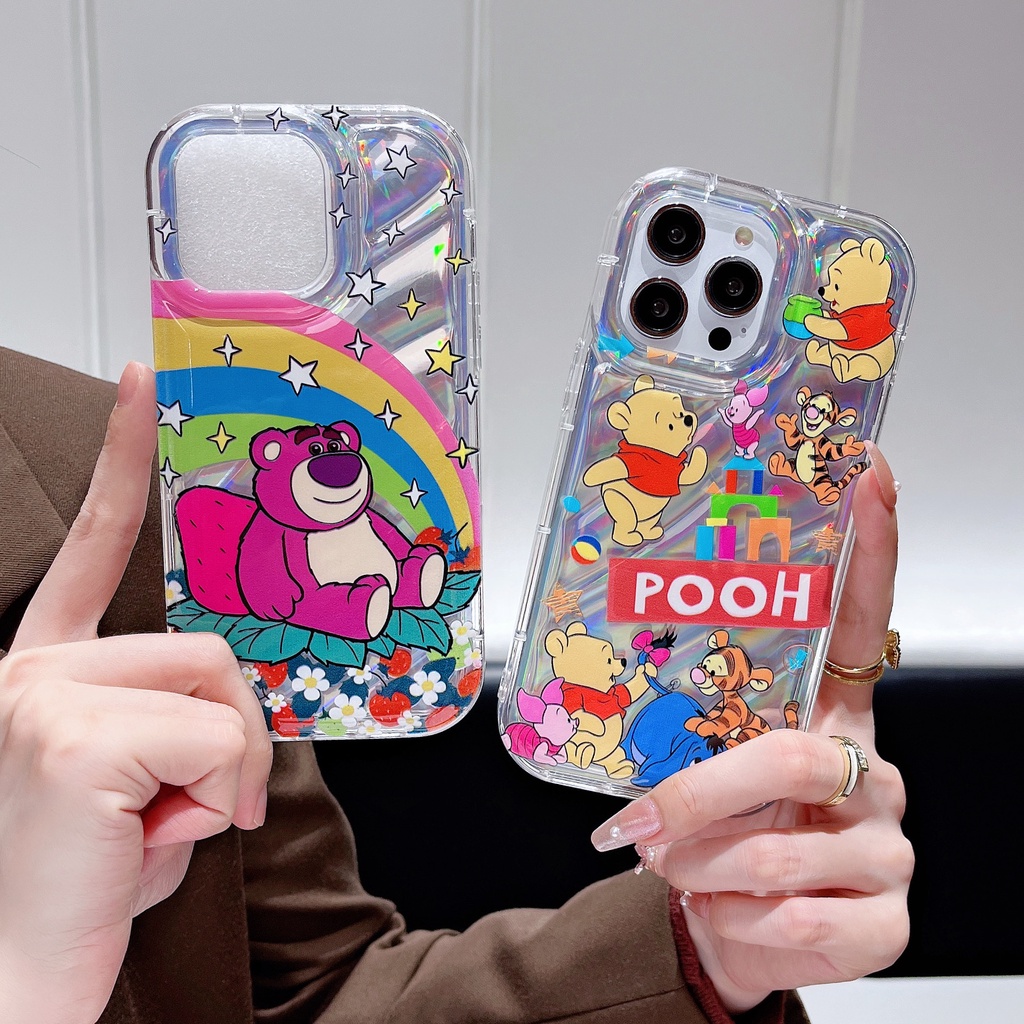 Ốp Điện Thoại TPU Dẻo Màu Laser Họa Tiết Gấu Dâu Tây / Gấu Pooh Dễ Thương Chống Rơi Cho iPhone 12 13 14 Pro Max