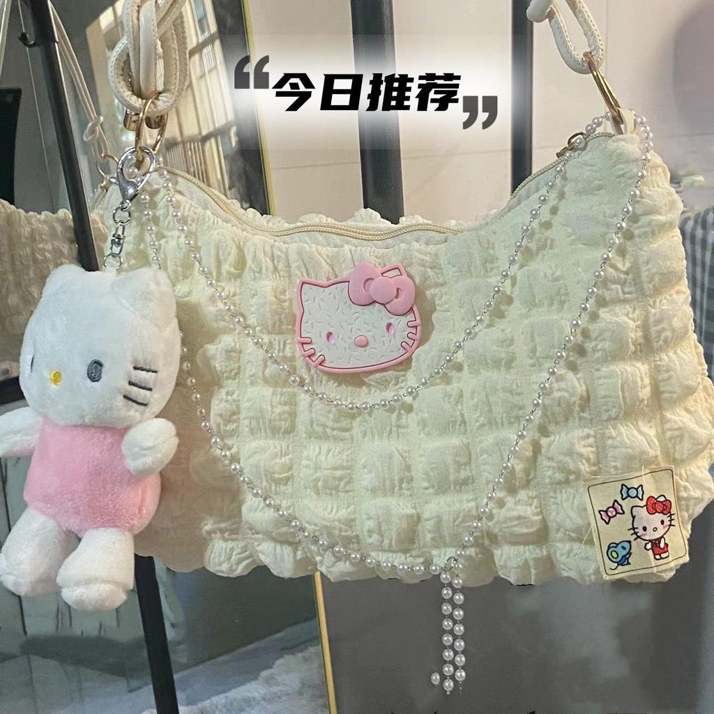 Original Homemade Hello Kitty Women's Bag Autumn/Winter New One Shoulder Underarm Bag Pearl Chain Cute Versatile Handbag