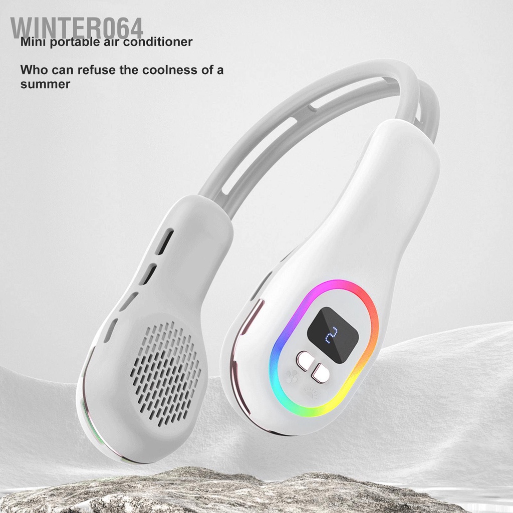 Winter064 Treo Cổ Quạt Không Cánh Kích Thước Có Thể Điều Chỉnh Màn Hình Hiển Thị Công Suất Di Động Đèn 7 Màu Trắng DC5V 2A