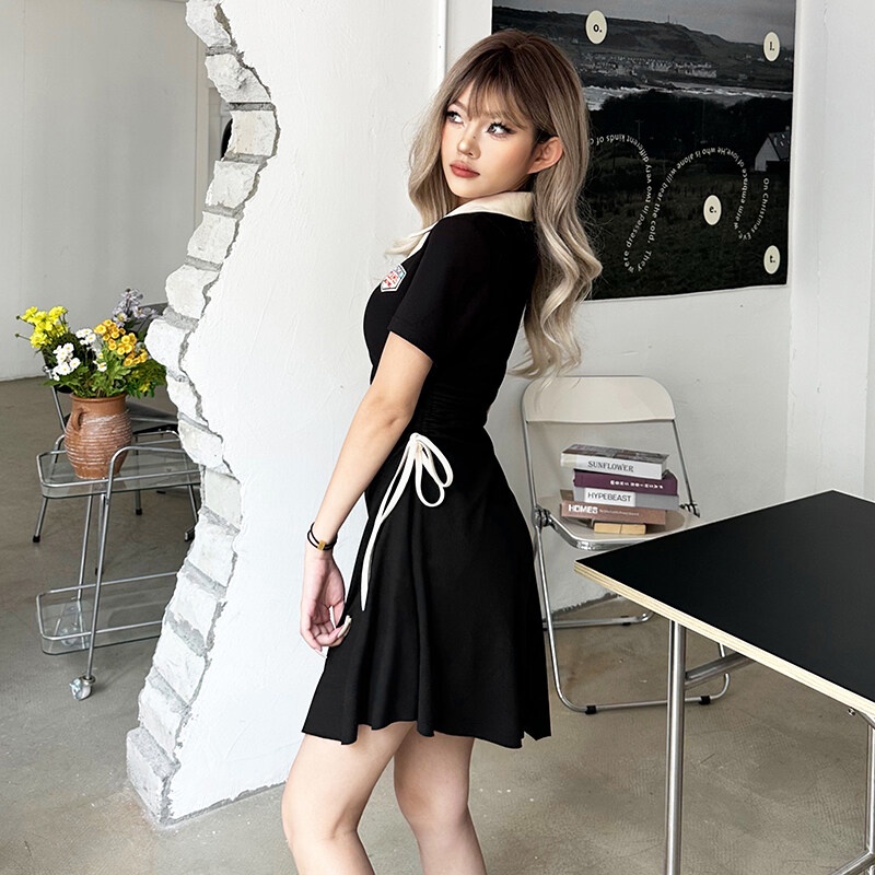 Weird Puss Đầm Tay Ngắn Cổ Chữ V Dáng Chữ A Màu Trơn Thời Trang Mùa Hè Xinh Xắn Cho Nữ