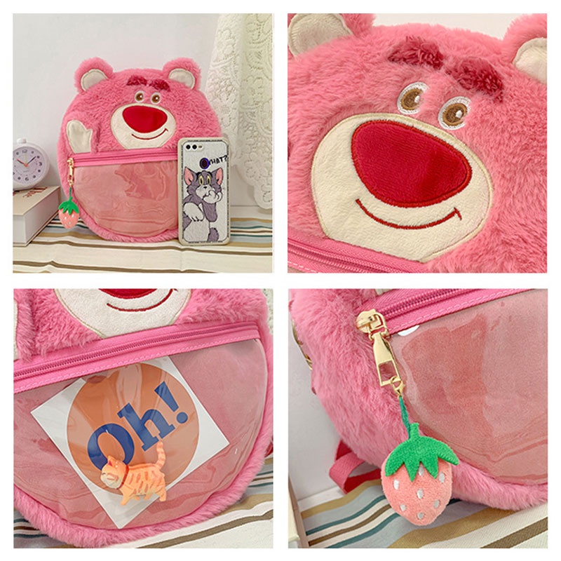 Alphaz Túi Đeo Chéo Trong Suốt Phối Lông Xù Kiểu Hoạt Hình Gấu Dâu Tây Đáng Yêu