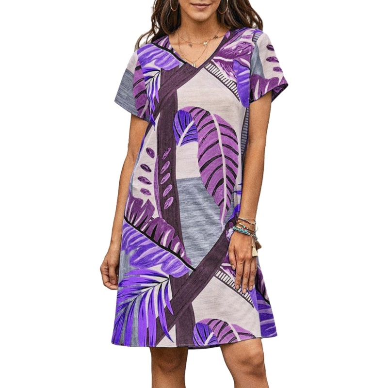 Đầm Thun Ngắn Tay Dáng Xòe In Họa Tiết Hoa Phong Cách Boho Thời Trang Mùa Hè Cho Nữ