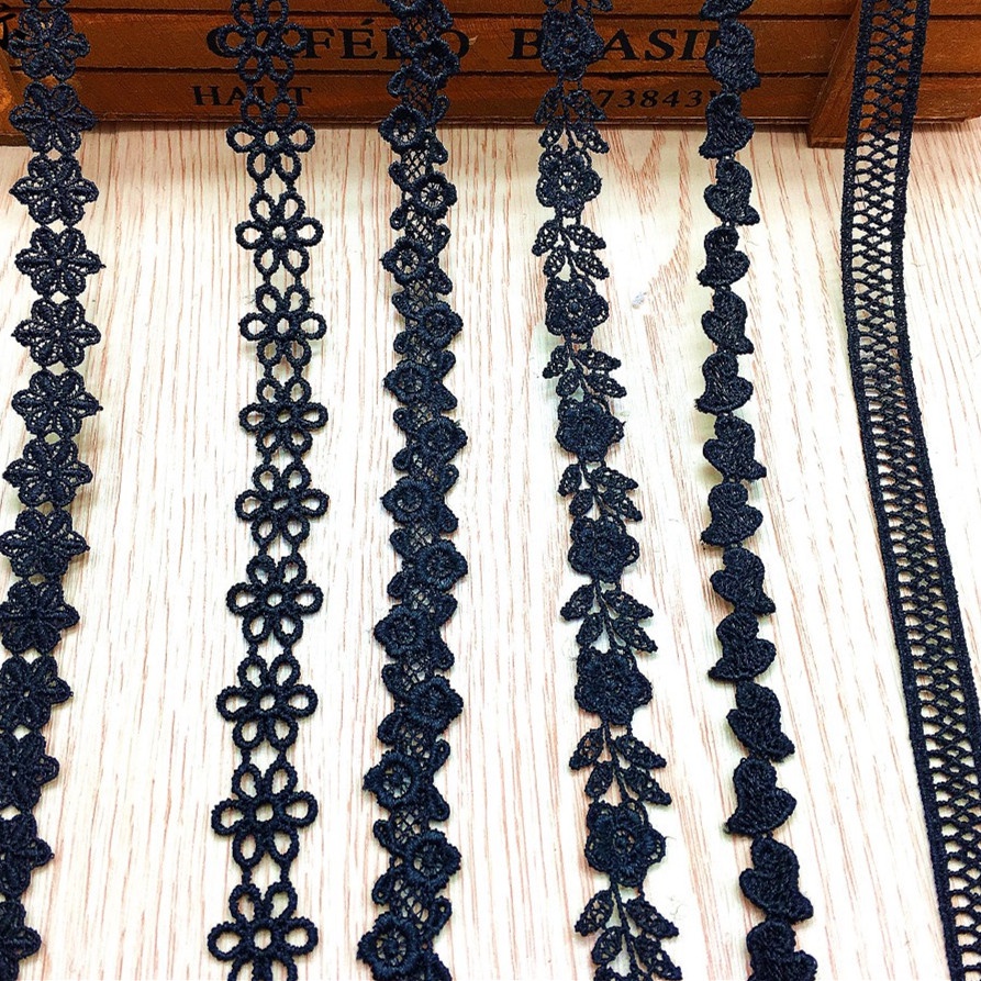 Cuộn Dây Ruy Băng Thêu Ren Hoa Màu Trắng Đen Dài 1 Yard Dùng Trang Trí Đầm DIY