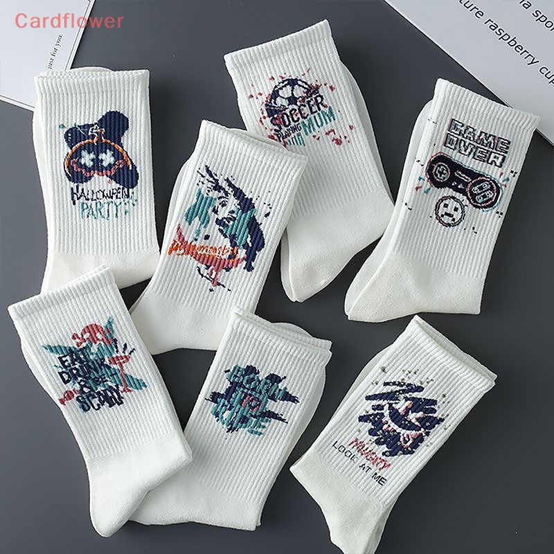 1 Đôi Tất Cotton Polyester Màu Trắng In Họa Tiết Hoạt Hình Vui Nhộn Phong Cách Punk Mới