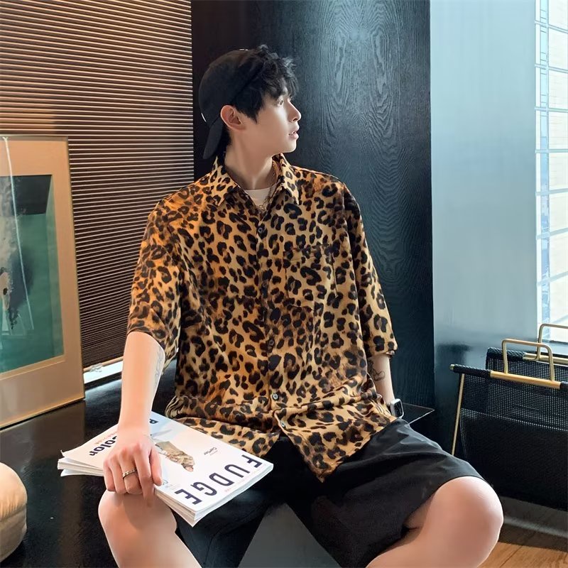 Áo Sơ Mi Nửa Tay Nam Họa Tiết Màu M-3XL Xù Đẹp Trai Hộp Đêm Phong Cách Da Báo In Nửa Tay Áo Sơ Mi Nam Mùa Hè Hợp Thời Trang Rời Áo Sơ Mi Thường Ngày Ra
