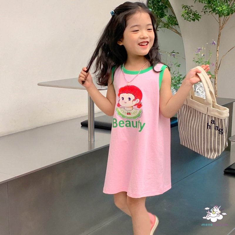 Đầm Dài Ngang Gối Không Tay In Họa Tiết Hoạt Hình Màu Tương Phản Phong Cách Hàn Quốc Thời Trang Mùa Hè Cho Nữ