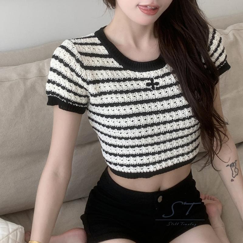 Áo Thun Dệt Kim Tay Ngắn Cổ Tròn Thêu Họa Tiết Kẻ Sọc Thời Trang Mùa Hè Cho Nữ