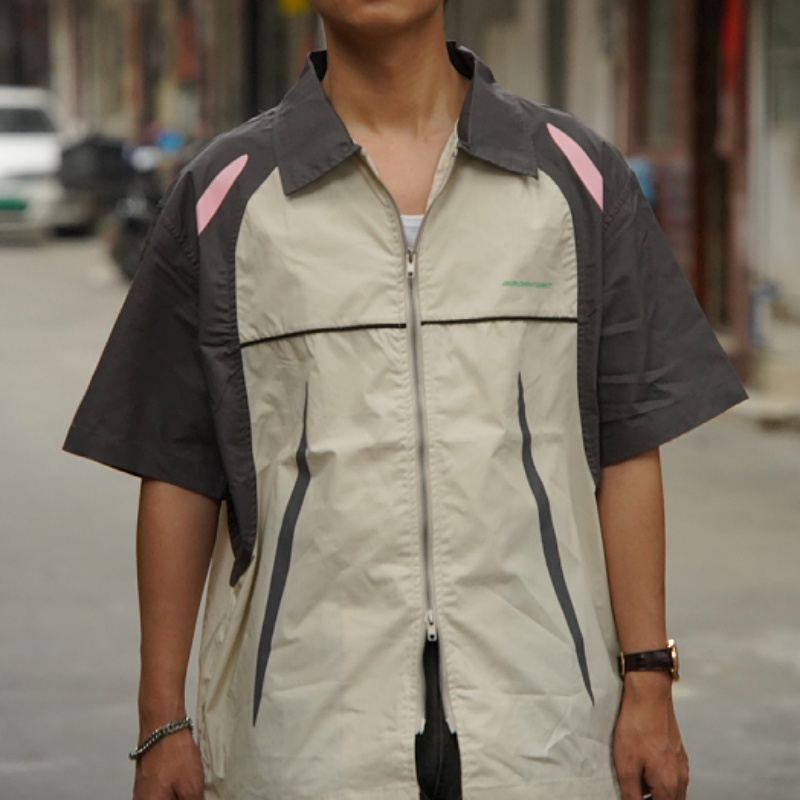 Áo Sơ Mi Tay Ngắn Dáng Rộng Có Khóa Kéo Đôi Màu Sắc Tương Phản Phong Cách Đường Phố Mỹ Cá Tính Cho