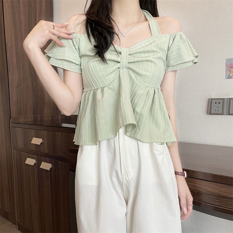 Nzn Áo Sơ Mi Crop top Cổ Yếm Thắt Nơ Thời Trang Cho Nữ