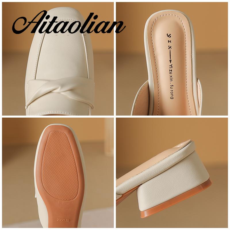 Dép Da Mềm Cao Gót 4cm Mũi Tròn Thời Trang Cho Nữ