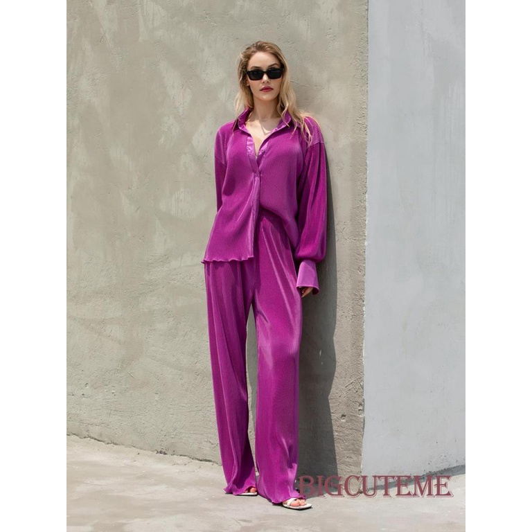 Set Đồ 2 Món Áo Sơ Mi Tay Dài Cài Nút + Quần Dài Ống Rộng Thời Trang Cho Nữ