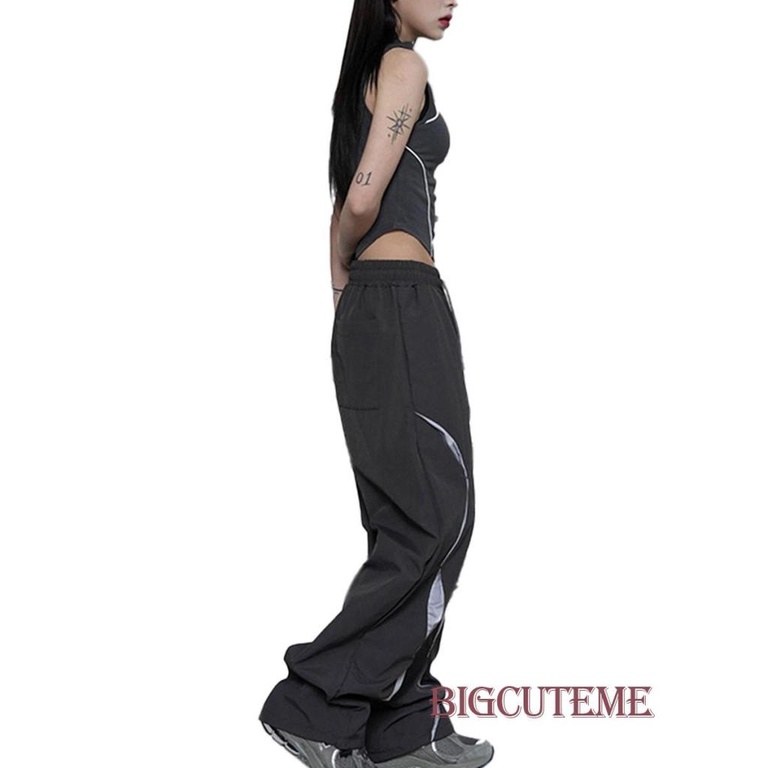 Quần Dài Dáng Suông Lưng Thun Rút Dây Màu Sắc Tương Phản Thời Trang Đường Phố Cho Nữ