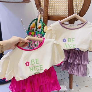 Set áo cotton kèm chân váy dập ly tầng hồng tím