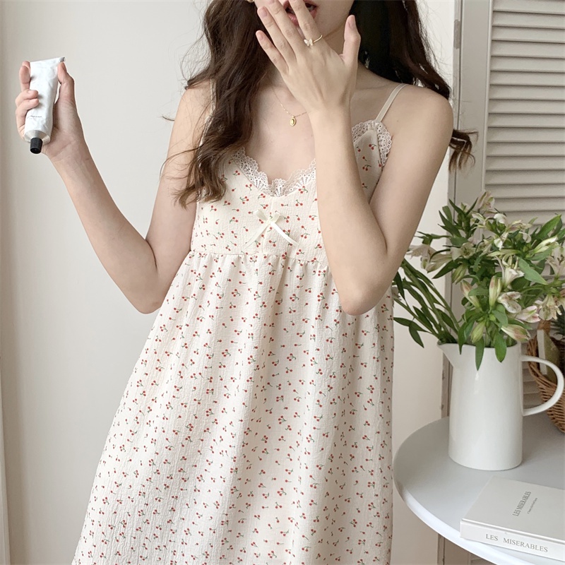 Đầm Ngủ Hai Dây Phối Ren Tua Rua In Hoa Dễ Thương Phong Cách Hàn Quốc Thời Trang Mùa Hè Cho Nữ