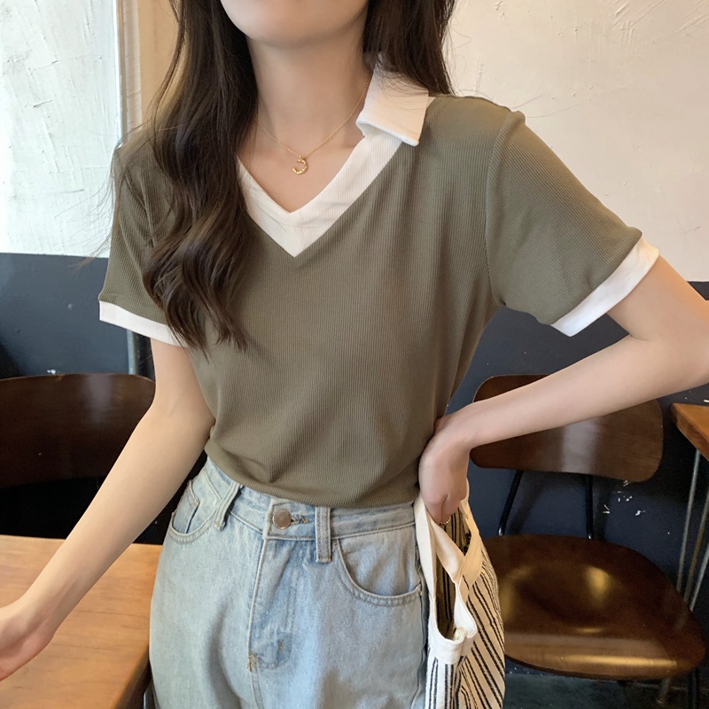 Áo polo SUXI tay ngắn cổ chữ V dáng ôm thời trang mùa hè dễ phối đồ cho nữ