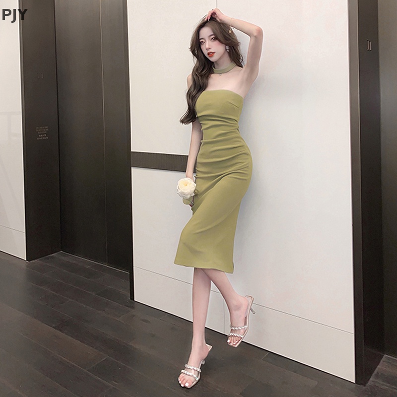 Đầm Midi Hai Dây Ôm Dáng Co Giãn Màu Trơn Cổ Điển Quyến Rũ Cho Nữ Dự Tiệc Tối PJ