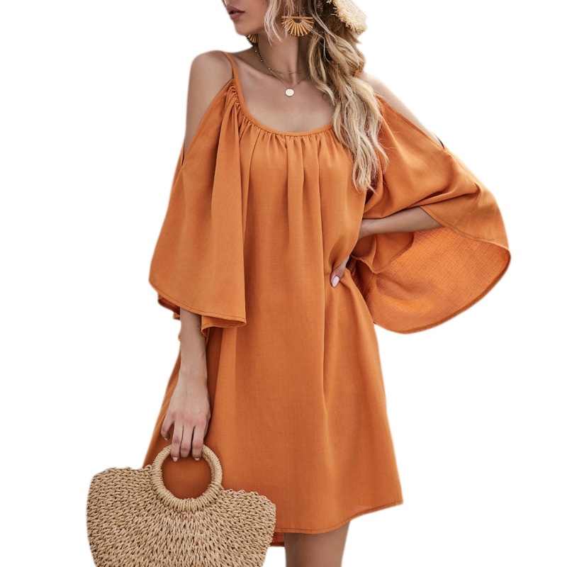 Đầm Mini Dáng Suông Hở Vai Màu Trơn Thời Trang Cho Nữ