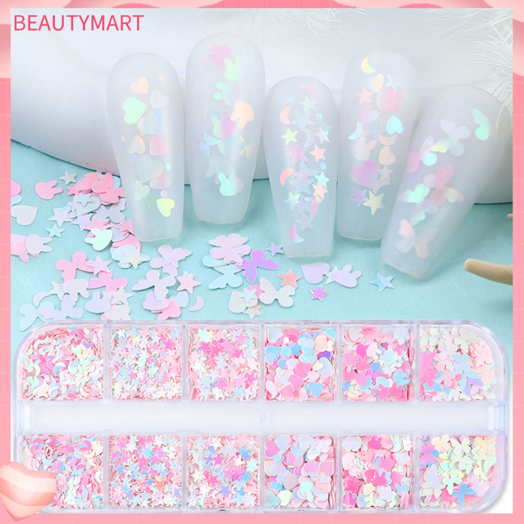 [beautymart] Hộp Kim Tuyến 12 Ngăn Hình Ngôi Sao / Trái Tim / Thỏ / Bướm / Lấp Lánh Trang Trí Móng Nghệ Thuật