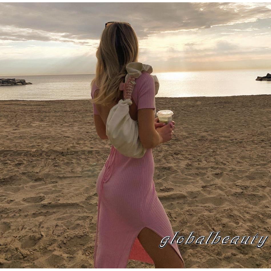 Gb-đầm Nữ Ngắn Tay Hở Lưng Một Mảnh Màu Hồng Trơn Xẻ Tà Ôm Dáng