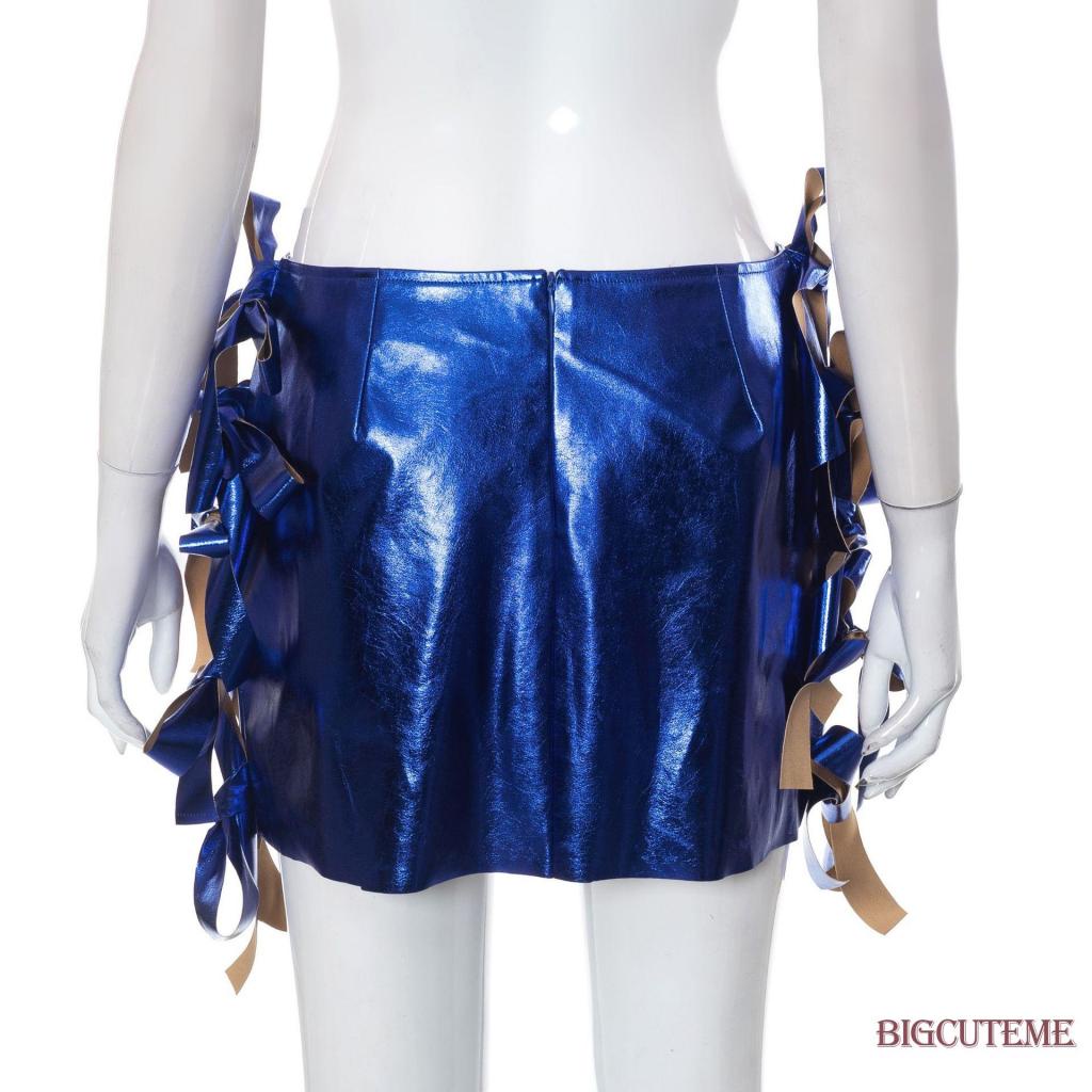 [] - Chân Váy Mini Ôm Dáng Thắt Nơ Hông Màu Xanh Dương Ánh Kim Lấp Lánh Thời Trang Cho Nữ